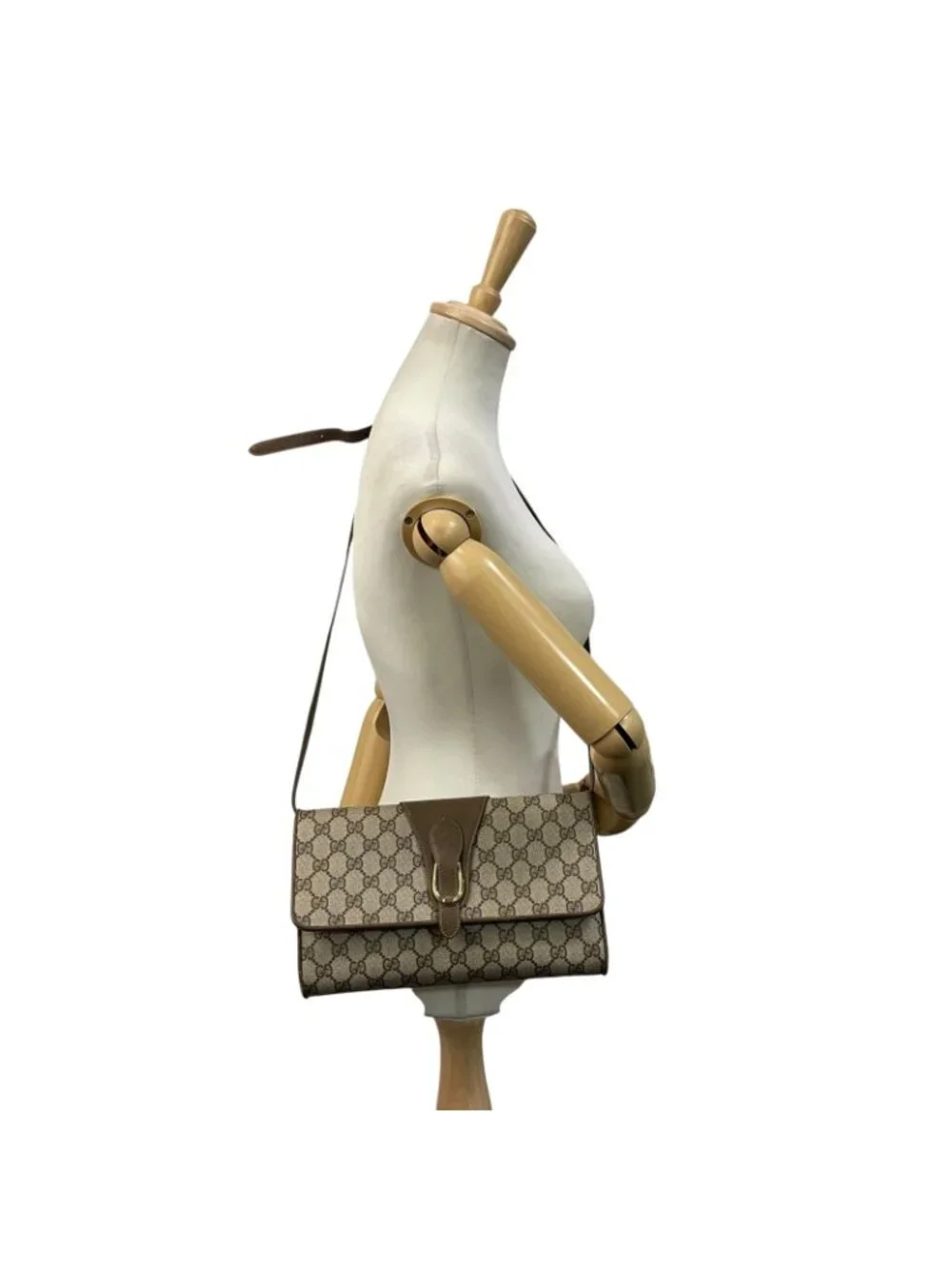 Gucci Shoulder Bag Crossbody Vintage GG Plus Leather Gray Brown Gold Simple